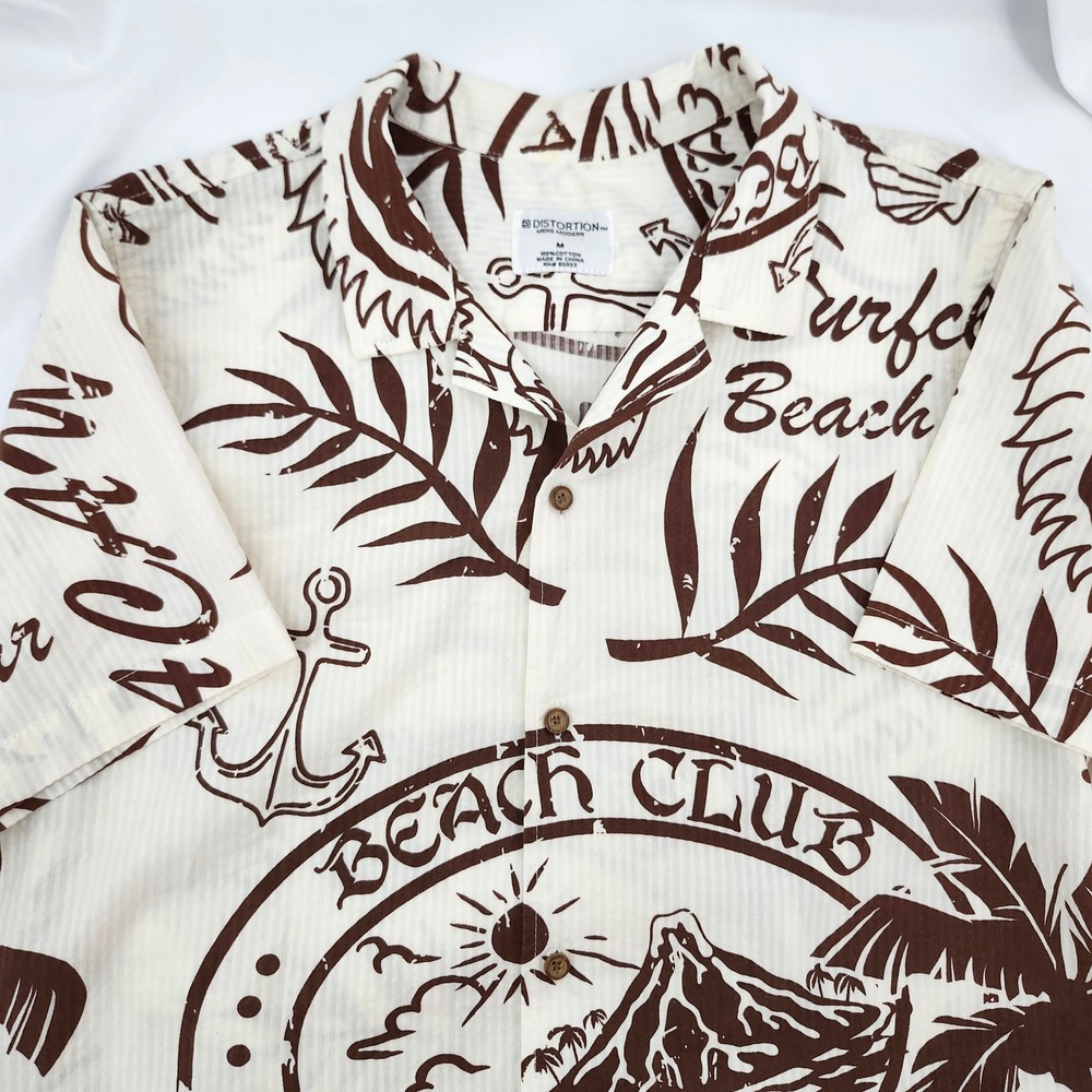 Distortion Modern Tropical Beach Club Camp Shirt Mens Medium Brown Seersucker‎